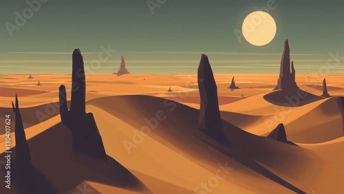 Surreal Desert Landscape with Monolithic Structures Under a Full Moon