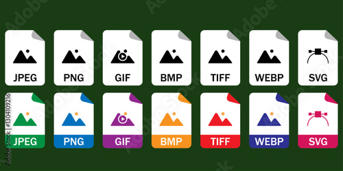 Collection of vector icons for image file formats (JPG, PNG, GIF, BMP, TIFF, WEBP, SVG). Ideal for UI/UX, web, and graphic design projects.