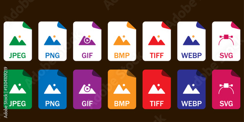Collection of vector icons for image file formats (JPG, PNG, GIF, BMP, TIFF, WEBP, SVG). Ideal for UI/UX, web, and graphic design projects.