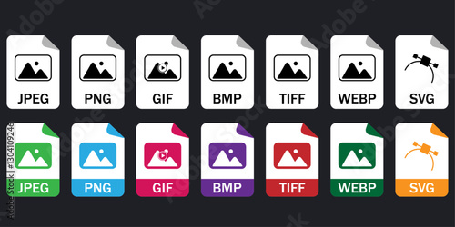 Collection of vector icons for image file formats (JPG, PNG, GIF, BMP, TIFF, WEBP, SVG). Ideal for UI/UX, web, and graphic design projects.