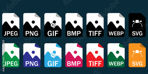 Collection of vector icons for image file formats (JPG, PNG, GIF, BMP, TIFF, WEBP, SVG). Ideal for UI/UX, web, and graphic design projects.