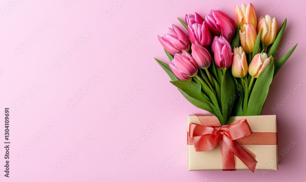 bouquet and gift box on light pink background, with copy space for text. Web banner showing tulips in pastel colors and an elegant presentation of the present with ribbon bow bouquet and gift box on light pink background, with copy space for text. Web banner showing tulips in pastel colors and an elegant presentation of the present with ribbon bow