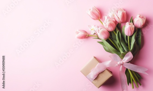 Wallpaper Mural bouquet and gift box on light pink background, with copy space for text. Web banner showing tulips in pastel colors and an elegant presentation of the present with ribbon bow Torontodigital.ca