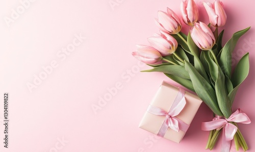 Wallpaper Mural bouquet and gift box on light pink background, with copy space for text. Web banner showing tulips in pastel colors and an elegant presentation of the present with ribbon bow Torontodigital.ca