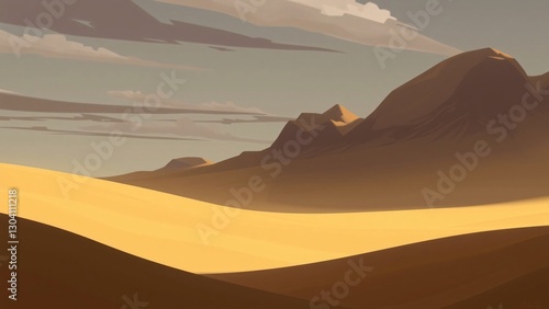 Serene Desert Landscape Golden Sands and Majestic Mountains under a Cloudy Sky