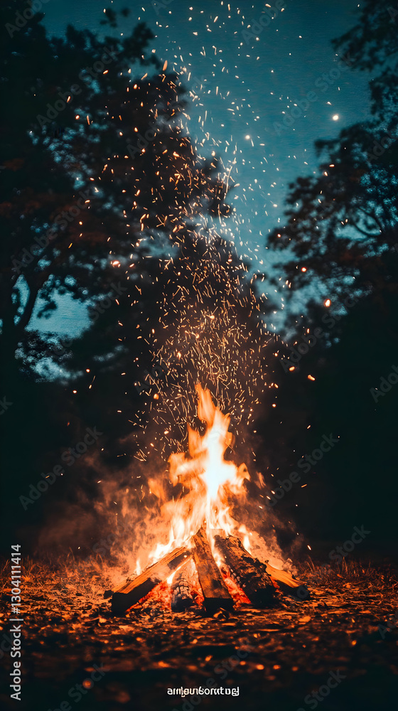 Night campfire, forest, sparks, stars Night campfire, forest, sparks, stars