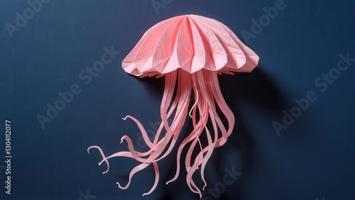  a beautifully crafted pink origami jellyfish suspended against a dark background