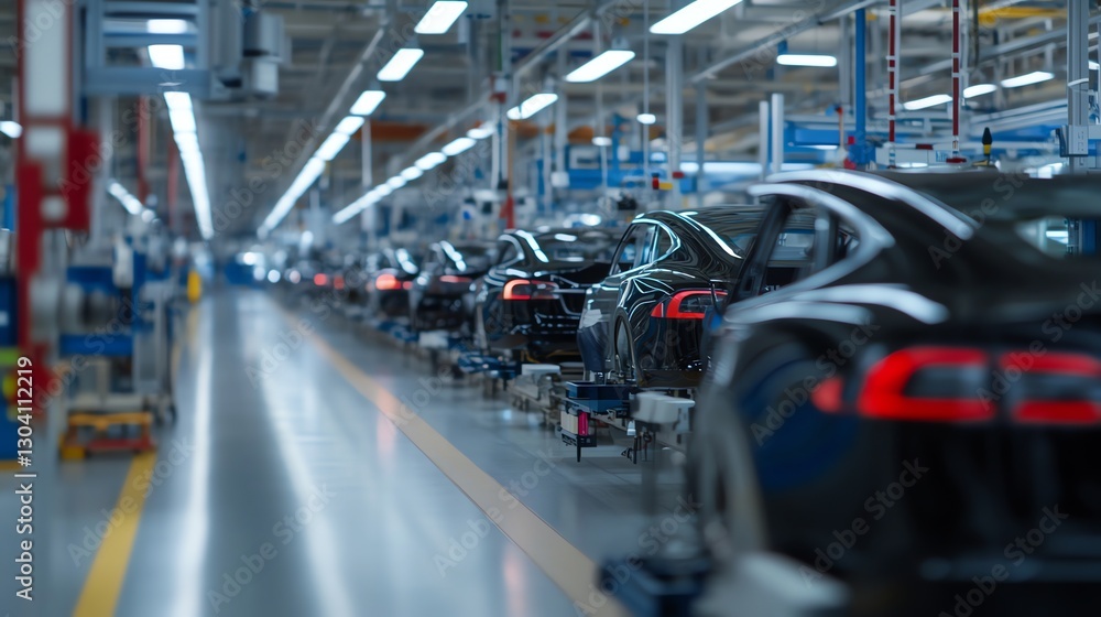 Fototapeta premium A modern automotive assembly line showcasing advanced robotics and vehicle production. Perfect for industrial, tech, and manufacturing-related projects