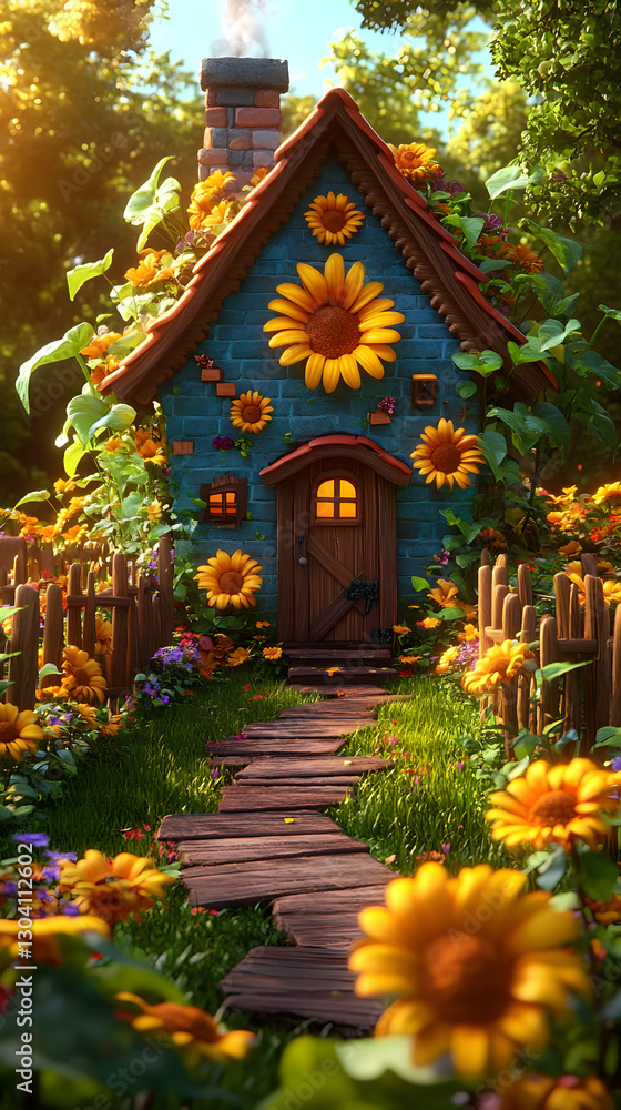 Obraz premium Sunflower Cottage, Forest Path, Summer