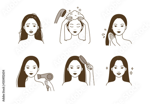 Beautiful woman washing her hair with shampoo, and drying her hair
