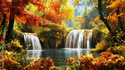 Autumn Waterfall in Forest Landscape