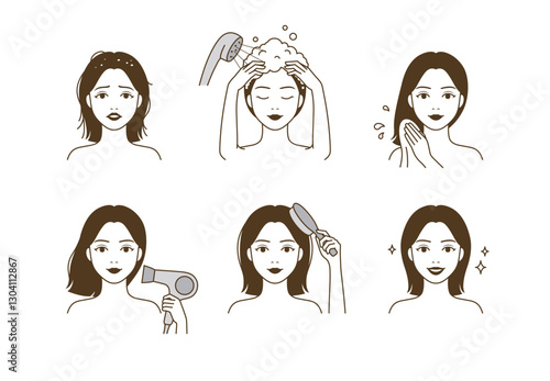 Beautiful woman washing her hair with shampoo, and drying her hair