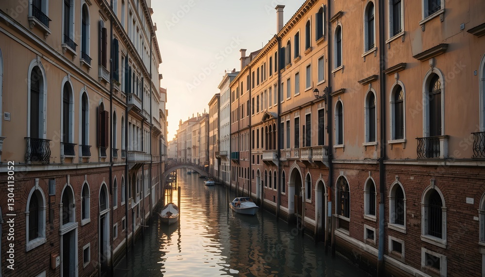 Narrow Venetian Alley with a Canal Reflecting the Golden Twilight Narrow Venetian Alley with a Canal Reflecting the Golden Twilight