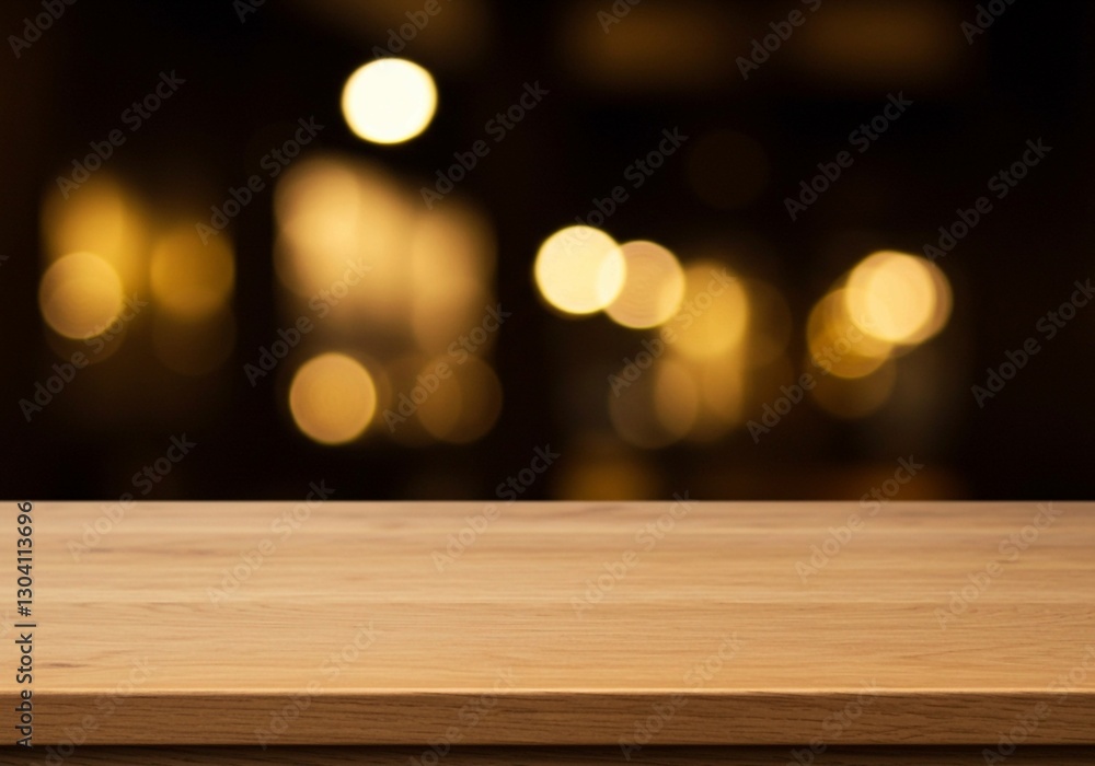 The image captures a sharp wooden tabletop in the foreground, with blurred warm lights creating a bokeh background and a cozy atmosphere with a shallow depth of field The image captures a sharp wooden tabletop in the foreground, with blurred warm lights creating a bokeh background and a cozy atmosphere with a shallow depth of field