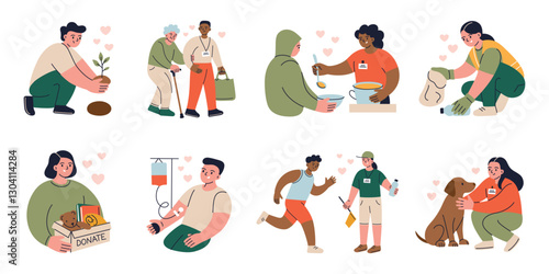 Vector illustrations set of volunteering activities. Charity, blood donation, animal care, environmental cleanup, tree planting. Flat cartoon volunteers help homeless, elderly assistance composition