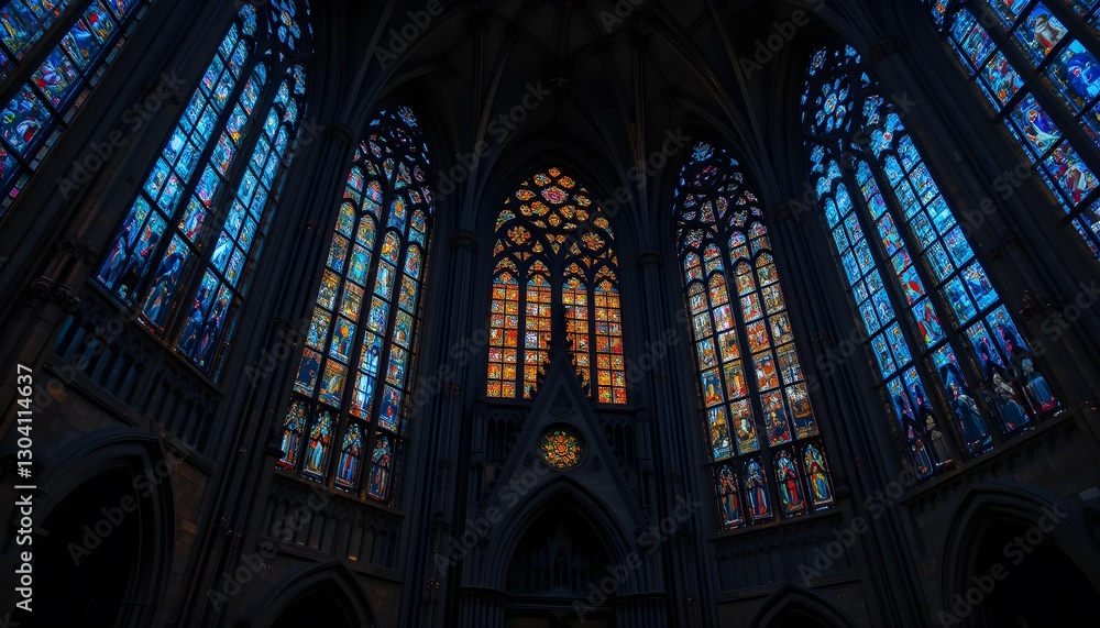 Gothic Cathedral with Stained Glass Windows Glowing at Dusk