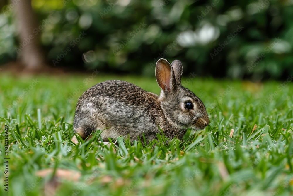 Adorable easter bunny enjoying a sunny day on the grass amidst vibrant spring flowers blooming