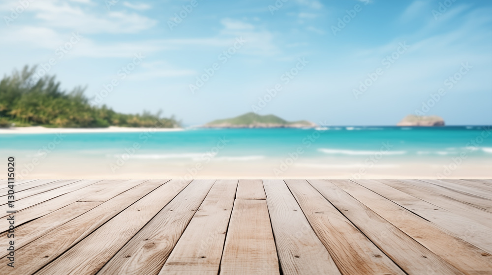 Fototapeta premium Wood table top and blurred summer beach and sky background.