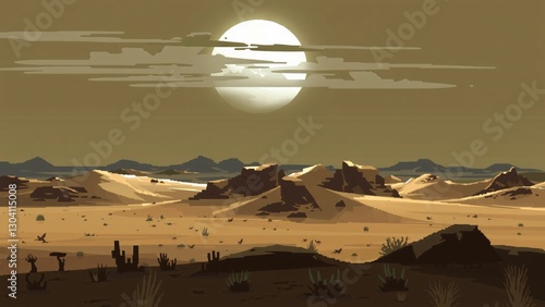Serene Sunset over Desert Landscape Stylized Vector Illustration