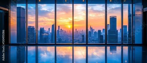 Modern city skyline at sunset from a window.