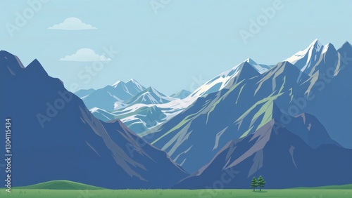 Serene Mountain Landscape Minimalist Blue and Green Hues