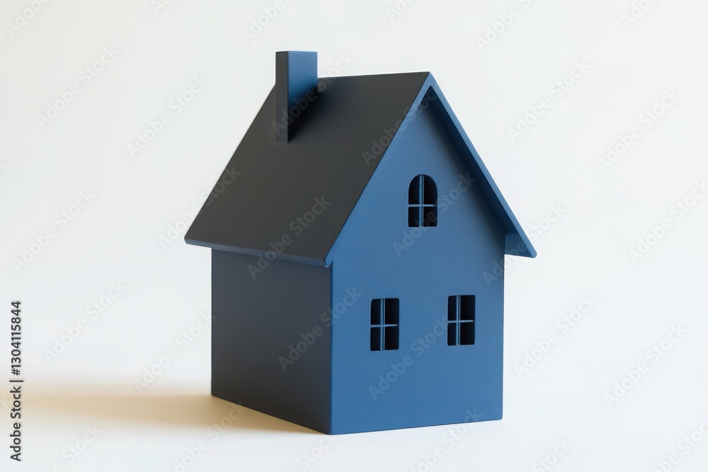 A small blue house-shaped object with a triangular roof and rectangular windows presented A small blue house-shaped object with a triangular roof and rectangular windows presented