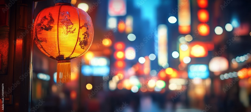 custom made wallpaper toronto digitalRed Chinese lantern with bokeh night city background. Generative AI technology.