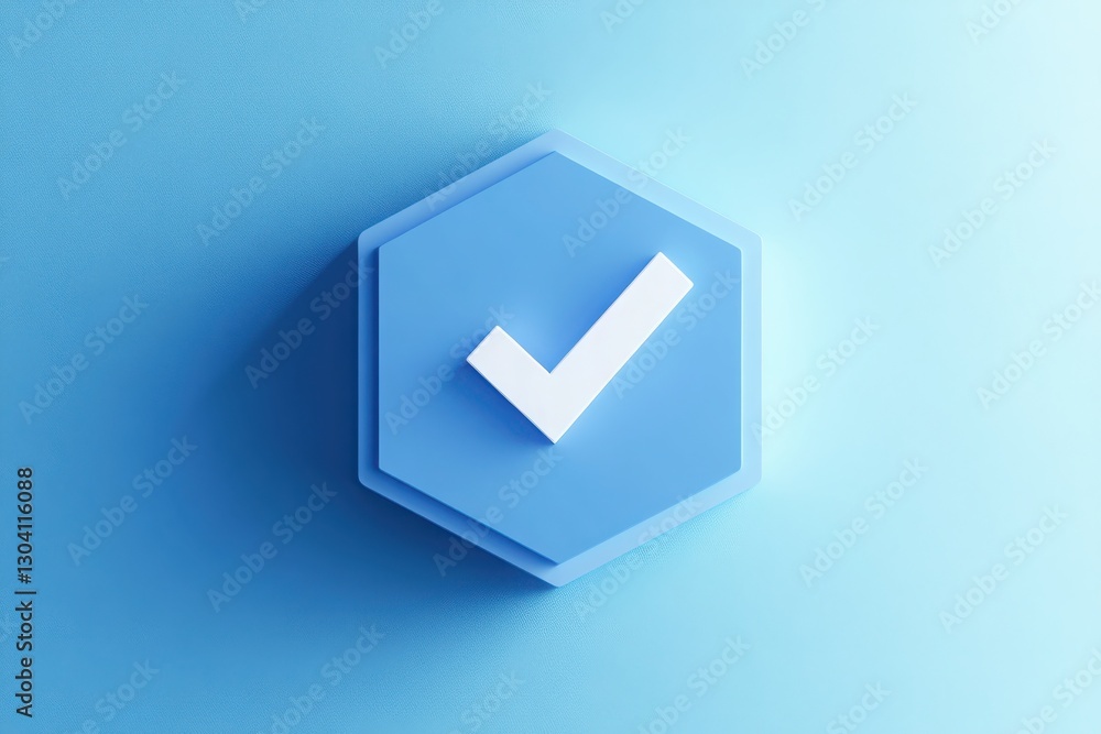 A hexagonal button with a white checkmark in the center set against a light blue background serves as a clear and modern confirmation symbol in digital interfaces A hexagonal button with a white checkmark in the center set against a light blue background serves as a clear and modern confirmation symbol in digital interfaces