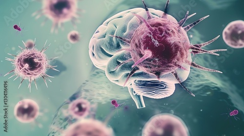 Close-up of a human brain with glowing microscopic parasites crawling on its surface, symbolizing infection and disease, representing medical and scientific concepts.