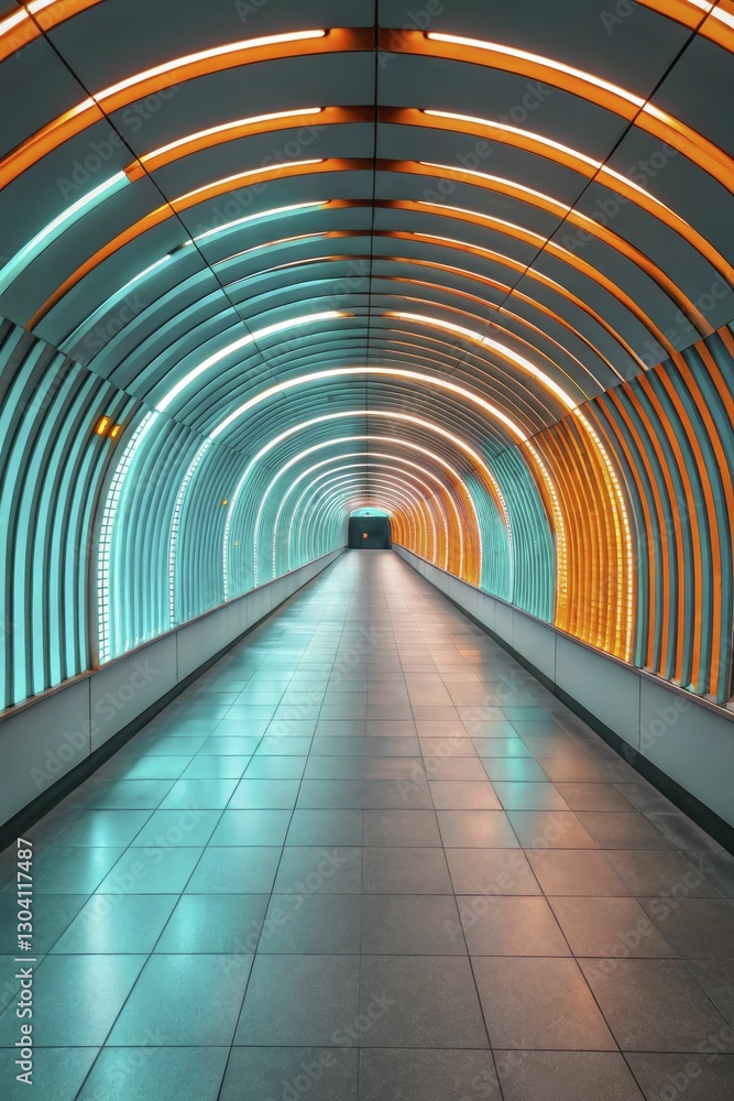 Fototapeta premium A clean, futuristic design of a digital tunnel where the walls are composed of weaving fiber optic lines in turquoise and orange