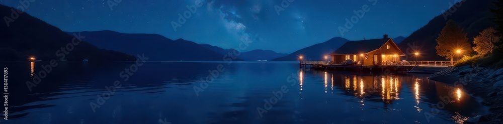 Dark water, illuminated dock, stars reflected, lake, quiet Dark water, illuminated dock, stars reflected, lake, quiet