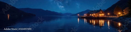 Dark water, illuminated dock, stars reflected, lake, quiet