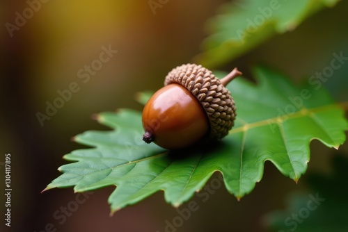 Close-up view of acorn atop oak leaf, showing intricate detail , illustration, natural, macro
