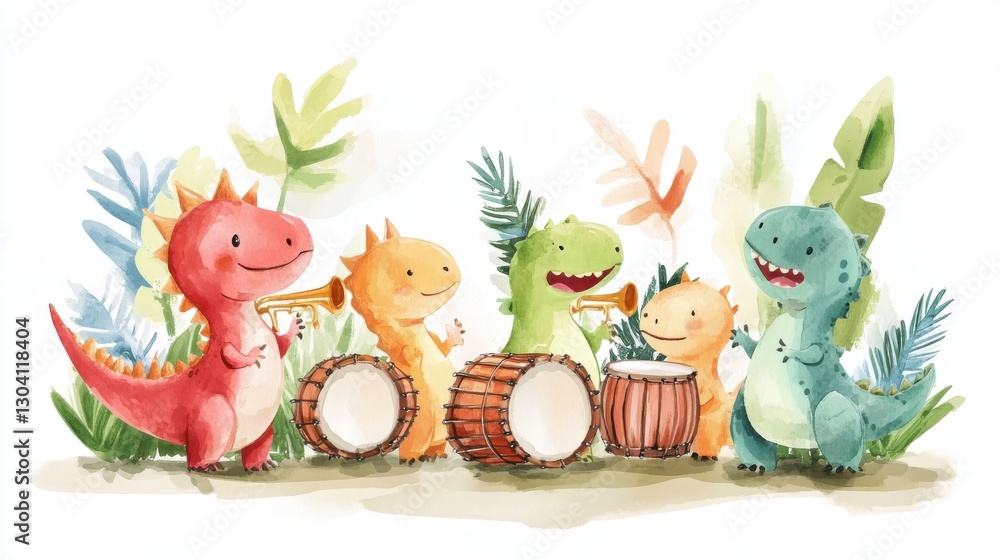 Fototapeta premium A cheerful group of colorful dinosaurs playing instruments in a lush, tropical setting, creating a fun and lively atmosphere.