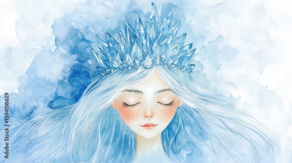 A serene, ethereal figure with pale blue hair and a sparkling crystal crown, surrounded by soft, watercolor shades of blue. A serene, ethereal figure with pale blue hair and a sparkling crystal crown, surrounded by soft, watercolor shades of blue.