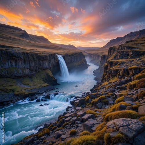 Majestic Waterfall Scene. Turquoise River Flowing, Towering Cliffs Bathed In Dusk Light. A Serene Landscape Captures Nature's Beauty. Golden Grass Adds Depth. Inspiring Natural Wonder Awaits.