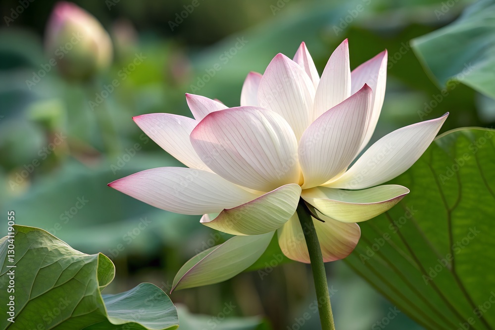 Minimalistic photo of a fully bloomed lotus surrounded by green leaves, extreme close-up focusing on petal gradients, softly blurred background.