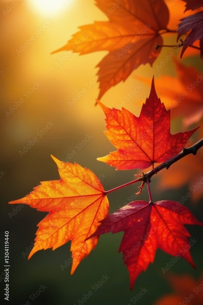 Autumnal foliage backlit by the warm glow of the setting sun, showcasing vibrant red and orange leaves Autumnal foliage backlit by the warm glow of the setting sun, showcasing vibrant red and orange leaves