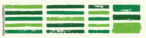 Set of green straight line vector brush strokes with grunge organic texture. Hand drawn underlines or highlights for ecology or vegan design. Herb vector illustration on a white background.