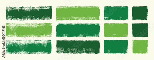 Collection of green paint roller strokes and rectangles with stamp texture. Hand drawn stripes and squares for banner or organic labels. Grungy vector illustration.