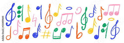 Set of hand drawn music notes with crayon, pastel or chalk texture. Cute doodle elements for kids or decorations. Color vector illustration on a white background.