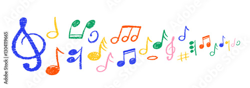 Set of hand drawn music notes with crayon, pastel or chalk texture. Monochrome musical notes wave. Cute doodle elements for kids or decorations. Color vector illustration on a white background.