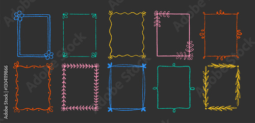 Set of outline squiggle frames with crayon, chalk or pastel texture. Design elements with floral elements for photo decoration. Color vector illustration on a blackboard.