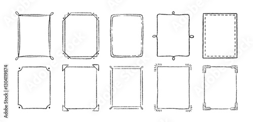 Set of outline doodle frames with crayon, chalk or pastel texture. Design elements for photo decoration. Sketch vector illustration isolated on a white background.