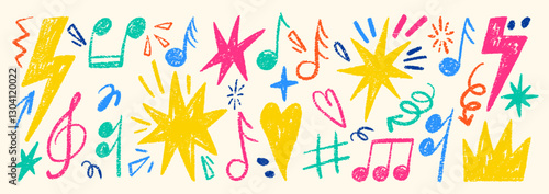 Hand drawn rock punk music elements with crayon, pastel and chalk texture. Lightning, star, notes and crown in sketch style. Color vector illustration isolated on a white background.