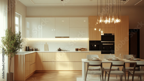 Wallpaper Mural Modern L shaped kitchen with light wood cabinets, elegant lighting, and cozy dining area. design features minimalist aesthetic, creating warm and inviting atmosphere Torontodigital.ca