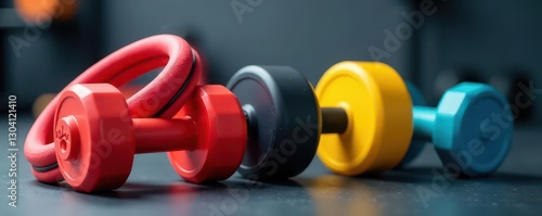 Brightly colored gym weights and resistance bands , strength training, workout