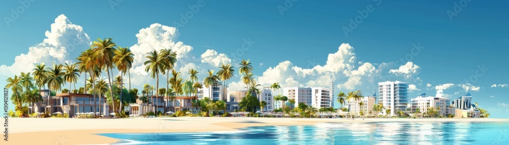 A vibrant beach scene featuring palm trees, blue waters, and modern buildings under a bright sky. A vibrant beach scene featuring palm trees, blue waters, and modern buildings under a bright sky.