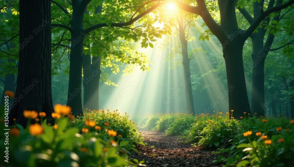 Fototapeta premium Misty spring forest, sunlight dappling through leaves, sunlight, ethereal, scene