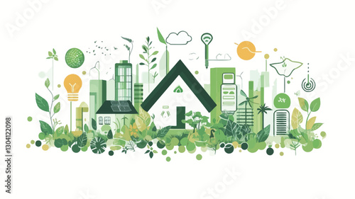 An illustration depicting a stylized house nestled amongst green foliage and surrounded by elements representing renewable energy sources and eco-friendly urban development.  The style is